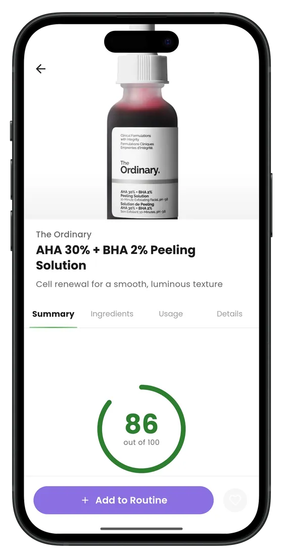 MyGlowApp ingredient scanner: product analyzed with a 70 out of 100 score