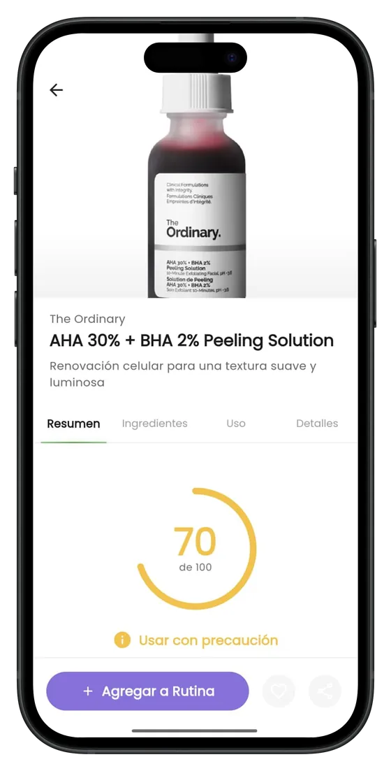 Escáner de ingredientes de MyGlowApp: The Ordinary AHA 30% con puntuación 70 de 100, usar con precaución