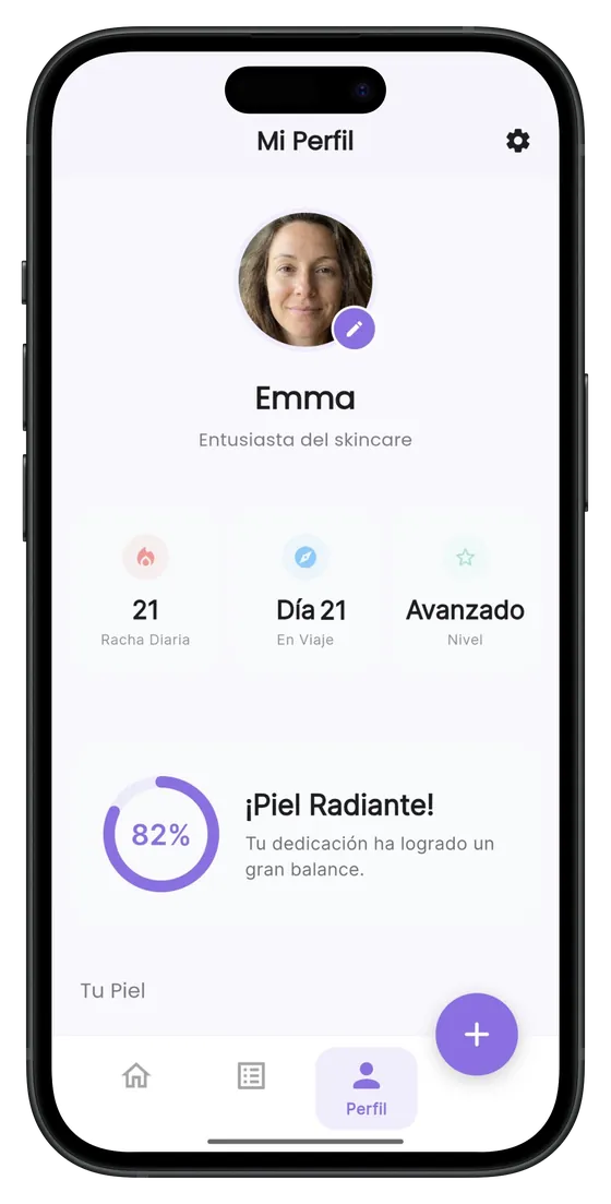 Perfil de MyGlowApp con racha diaria de 21 días, nivel avanzado y piel radiante al 82%