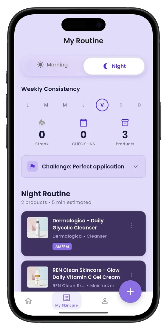 Personalized night routine in MyGlowApp with real products