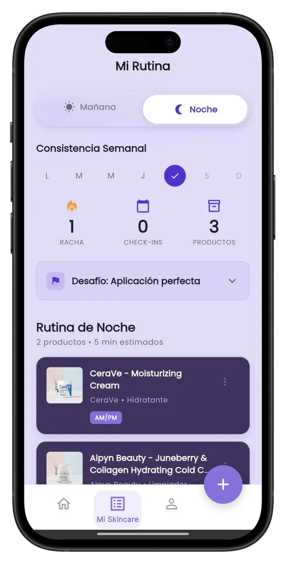 Rutina personalizada de noche en MyGlowApp con productos reales y consistencia semanal